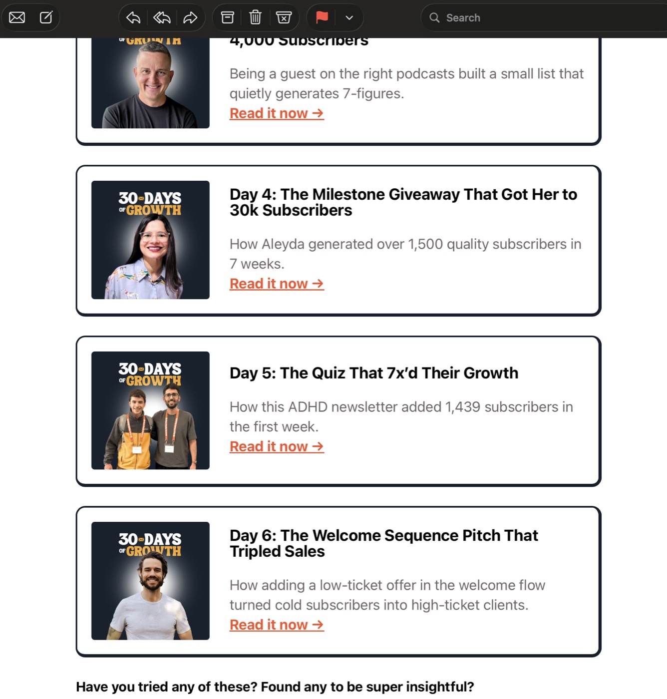Growth In Reverse 30 Days of Growth email listing Day 5, The Quiz That 7x'd Their Growth, with a photo of Esteban Perez and Ammaar Khan at the New Media Summit