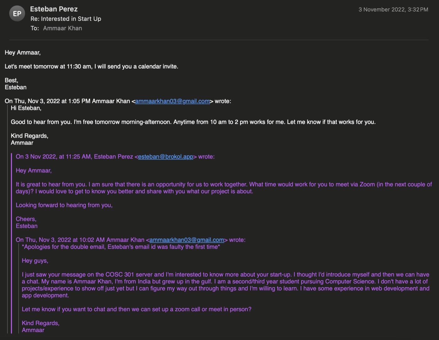 Email thread from November 3, 2022, where Ammaar introduces himself to Esteban Perez after seeing his startup message on the COSC 301 server