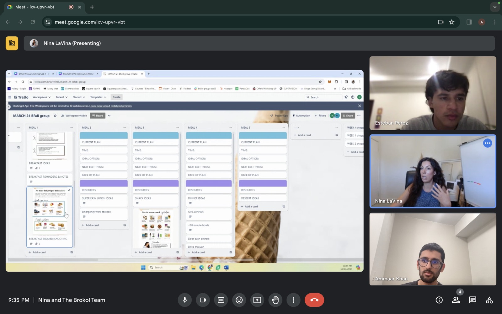 Google Meet call with ADHD coach Nina LaVina presenting a Trello meal-planning board to Esteban Perez and Ammaar Khan